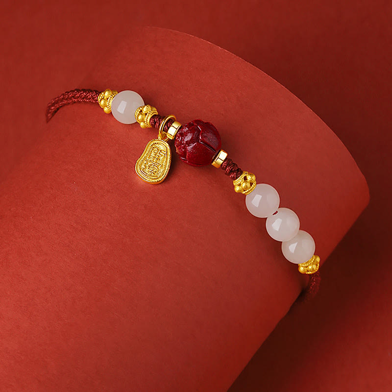 KarmaRipple's 24K Gold Plated Hetian Ivory Jade Cinnabar Lotus Fortune Rope Bracelet p3