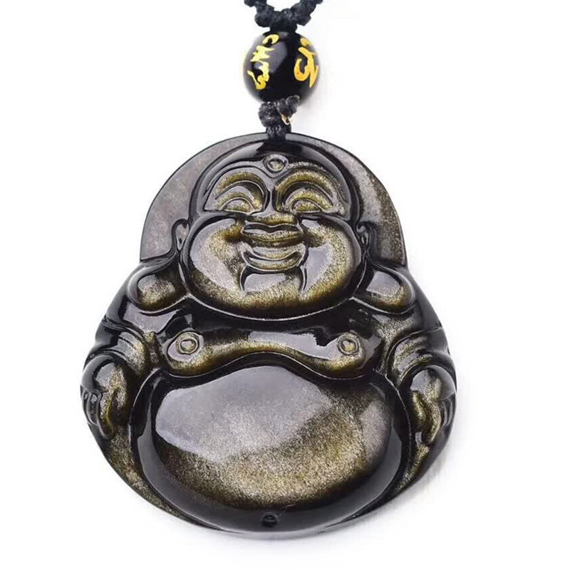 KarmaRipple's Laughing Buddha Gold Sheen Obsidian Wealth Pendant Necklace p7