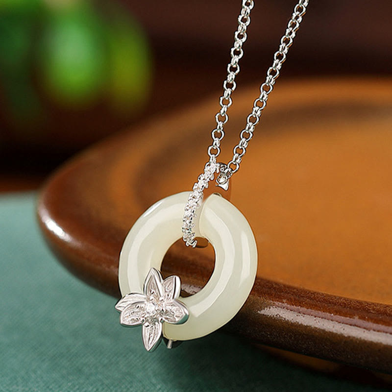 KarmaRipple's 925 Sterling Silver Hetian Jade Peace Buckle Flower Fortune Pendant Necklace p7