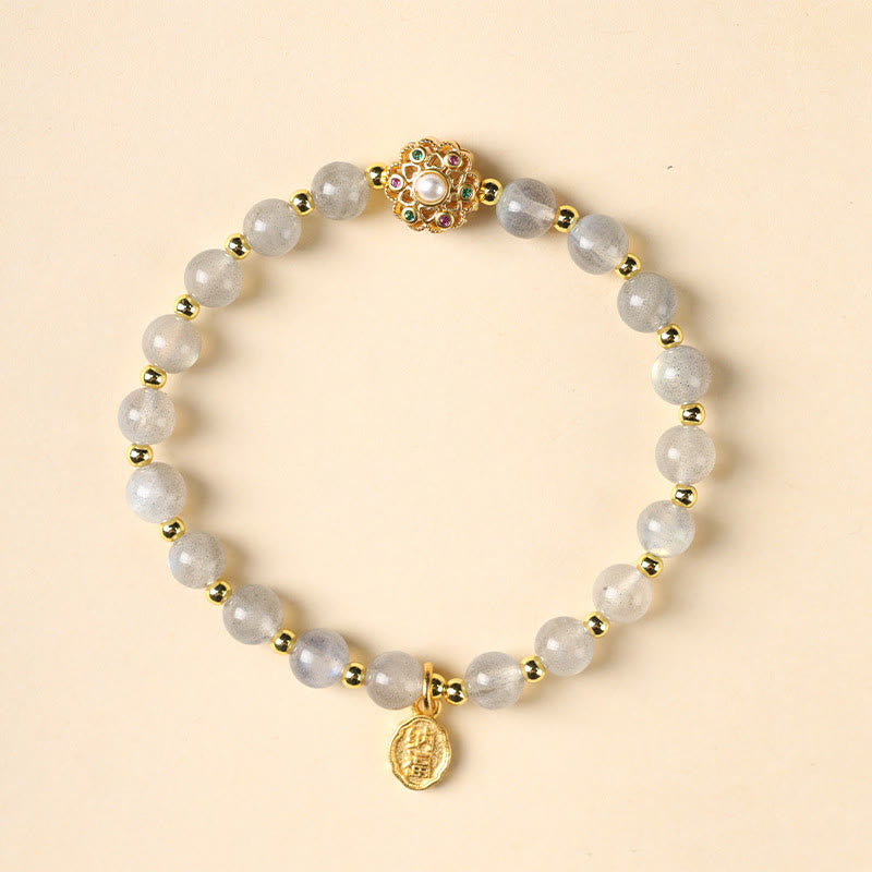 KarmaRipple's 14K Gold Plated Authentic Strawberry Quartz Labradorite Sun Stone Fu Character Positive Talisman Bracelet p22