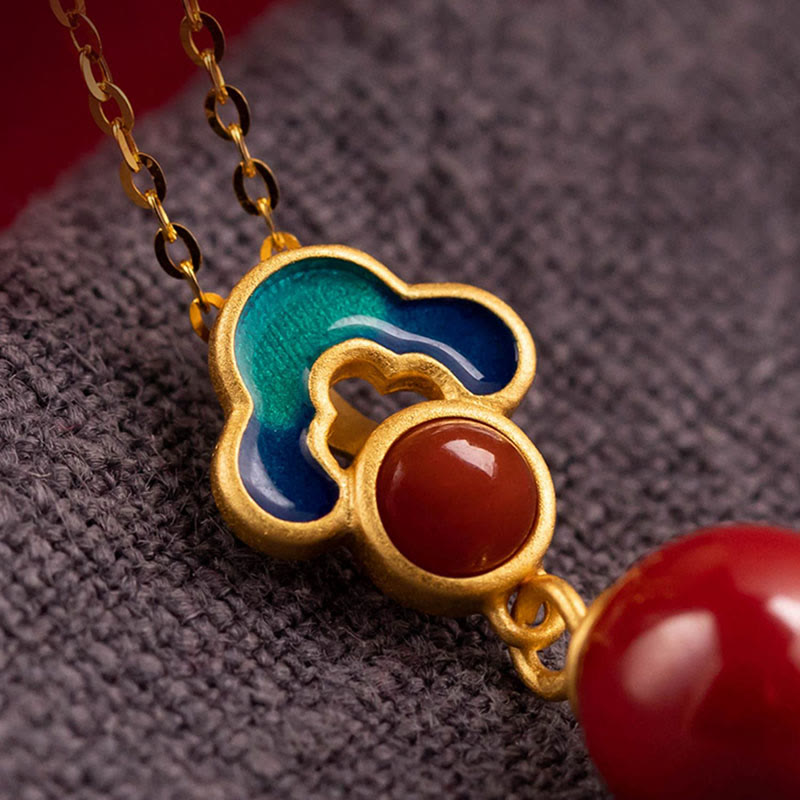 KarmaRipple's 925 Sterling Silver Plated Gold Cinnabar Red Agate Blessing Pendant Necklace Earrings Ring Set p11