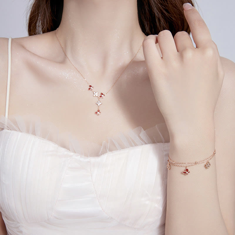 KarmaRipple's 925 Sterling Silver Red Agate Tridacna Stone Butterfly Four Leaf Clover Calm Bracelet Pendant Necklace Set p5