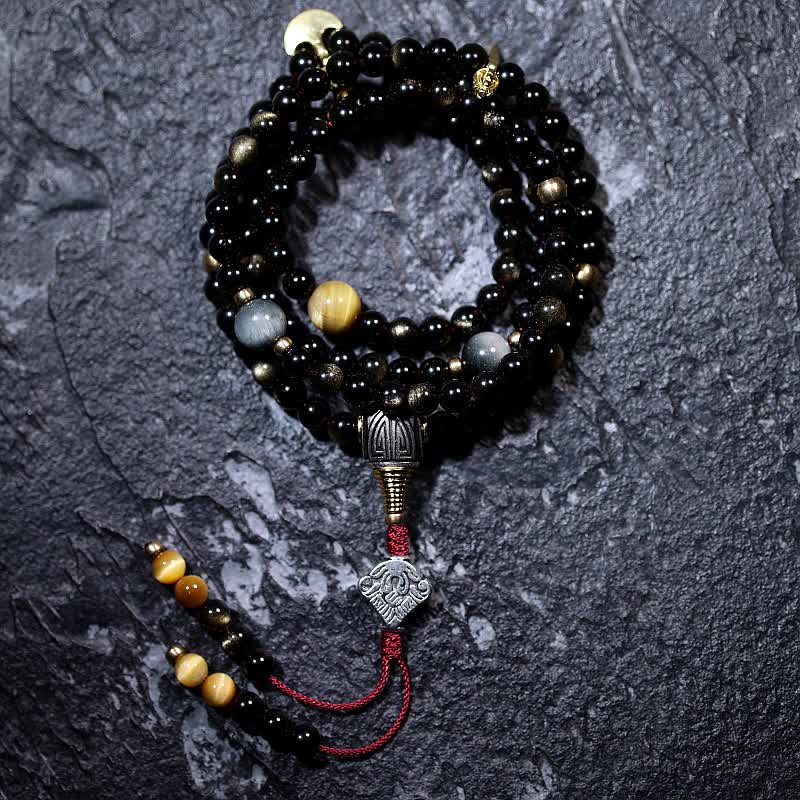 KarmaRipple's 108 Mala Beadwork Gold Sheen Obsidian Tiger Eye Eagle's Eye Stone Wealth Bracelet p35