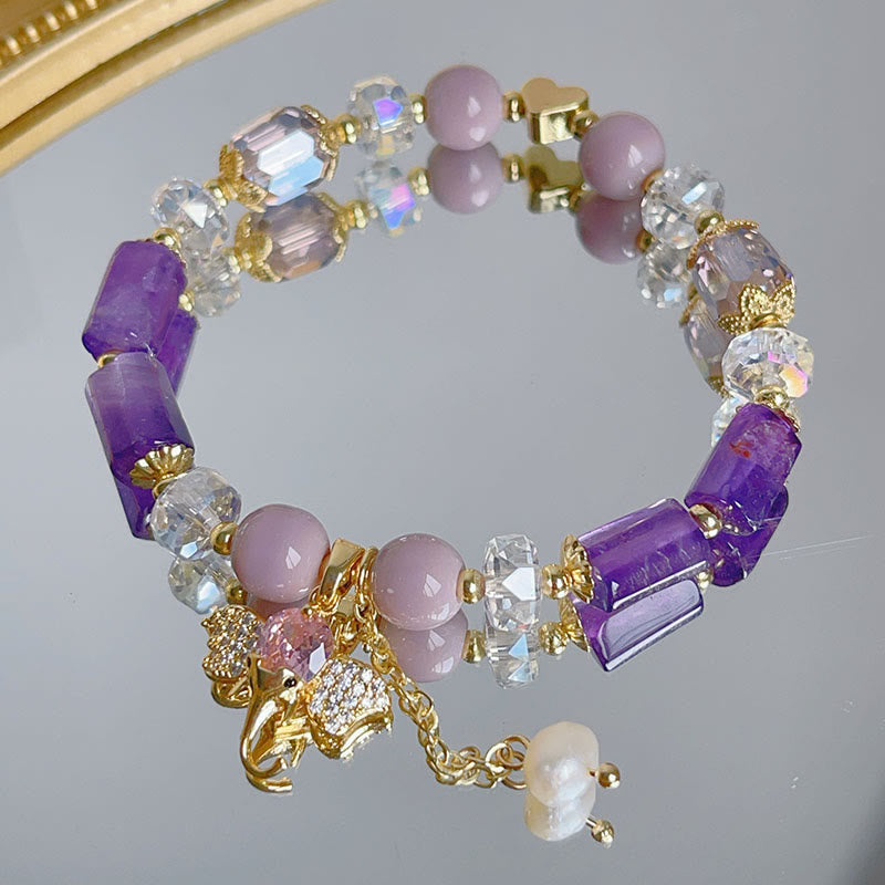 KarmaRipple's Amethyst Green Aventurine Strawberry Quartz Positive Elephant Talisman Bracelet p5