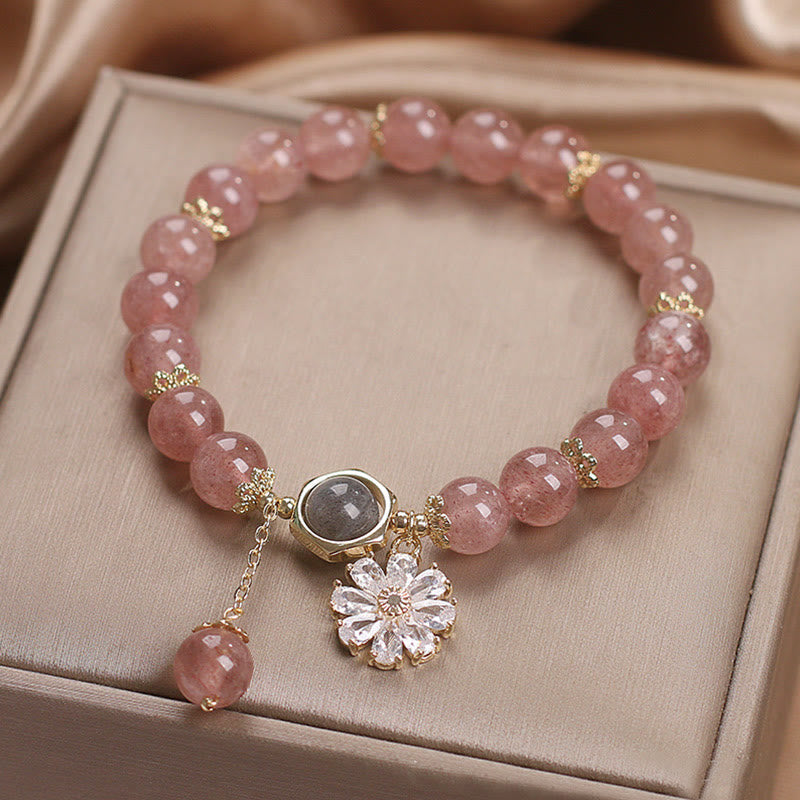 KarmaRipple's Authentic Strawberry Quartz Gemstone Daisy Flower Talisman Positive Balancing Bracelet p2