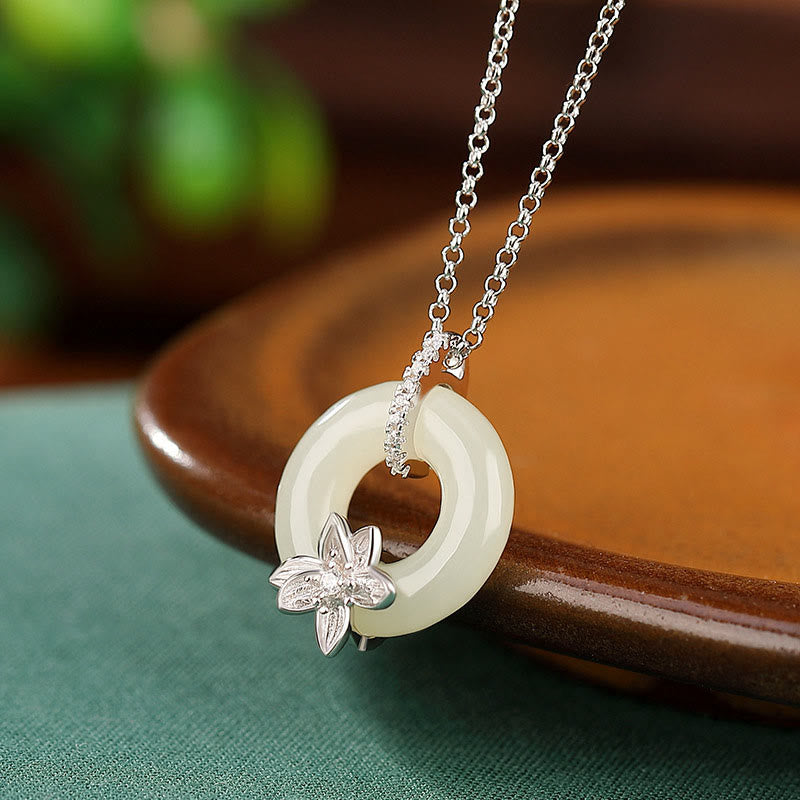 KarmaRipple's 925 Sterling Silver Hetian Jade Peace Buckle Flower Fortune Pendant Necklace p2