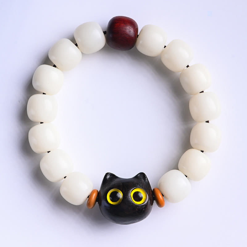 KarmaRipple's Authentic Bodhi Seed Small Leaf Red Sandalwood Ebony Wood Cute Fortunate Cat Wisdom Bracelet p2