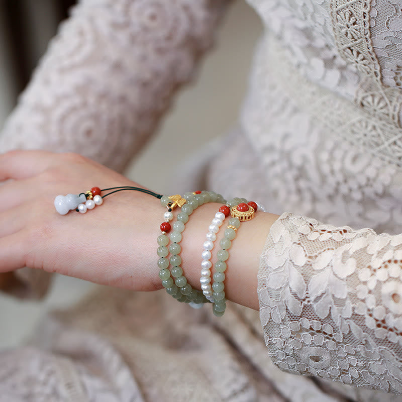 KarmaRipple's 925 Sterling Silver Plated Gold Authentic Hetian Jade Pearl Butterfly Gourd Fortune Bracelet p4