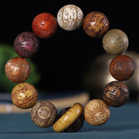 KarmaRipple's Chinese Zodiac Rosewood Green Sandalwood Ebony Wood Bronze Coin Carved Calm Bracelet