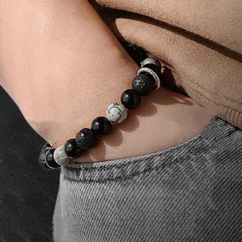 KarmaRipple's Vintage Lava Rock Black Obsidian Picasso Jasper Beadwork Support Rope Bracelet p12
