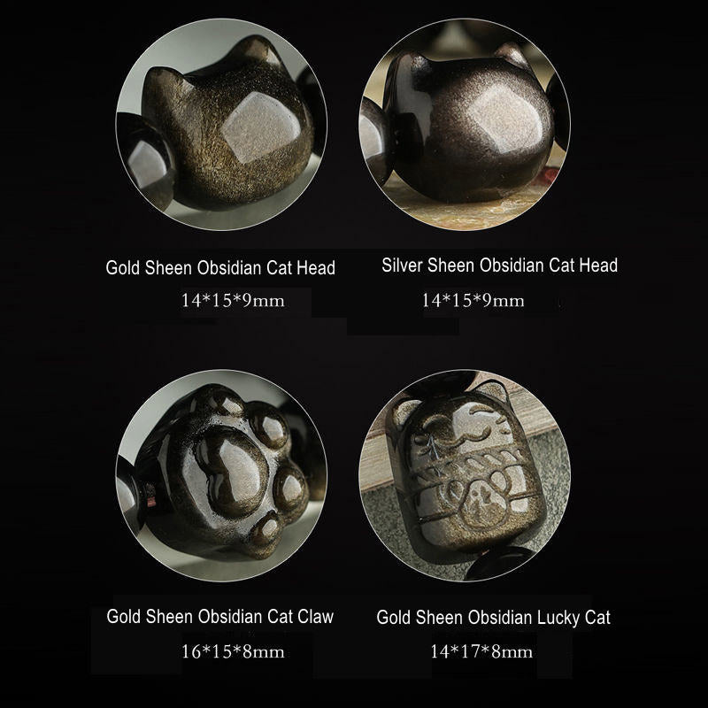 KarmaRipple's Gold Sheen Obsidian Silver Sheen Obsidian Lovely Paw Fortunate Cat Protection Bracelet p27