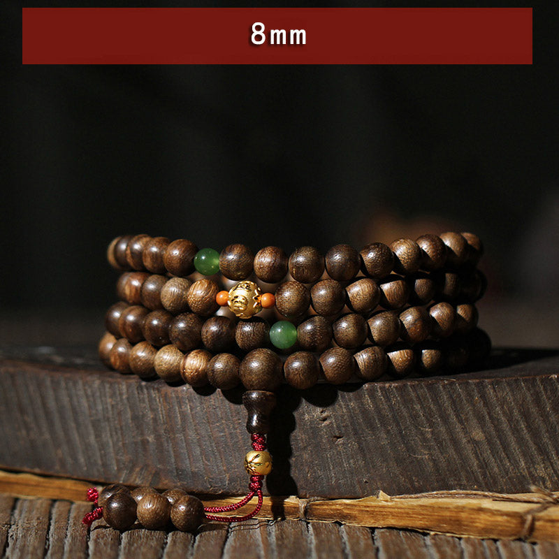 KarmaRipple's 999 Gold 108 Mala Beadwork Kalimantan Agarwood Cyan Jade Six True Words Strength Bracelet p2