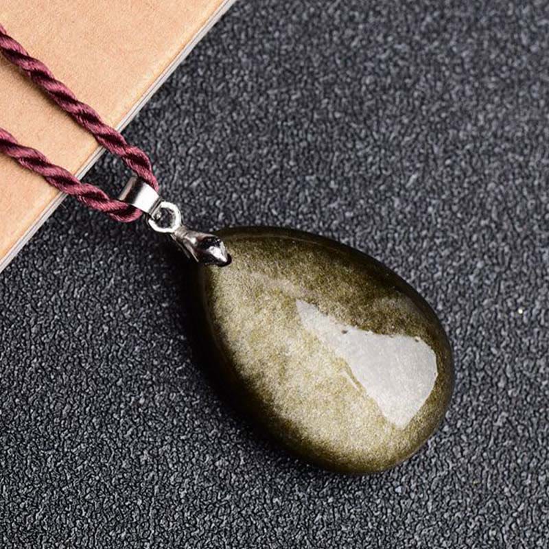 KarmaRipple's Gold Sheen Obsidian Black Obsidian Rainbow Obsidian Wealth Water Drop Pendant Necklace p5