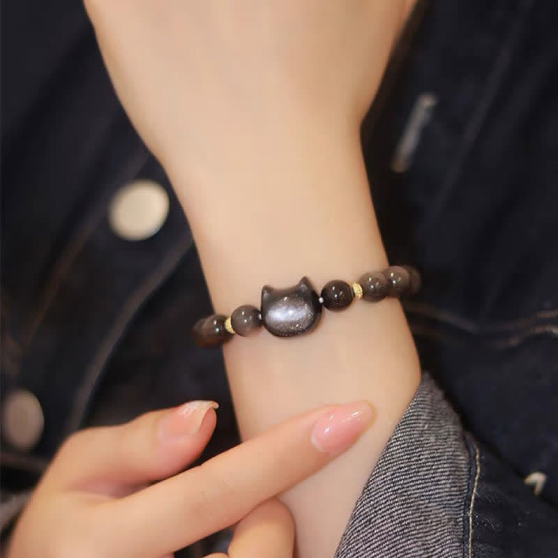 KarmaRipple's Gold Sheen Obsidian Silver Sheen Obsidian Lovely Paw Fortunate Cat Protection Bracelet p36