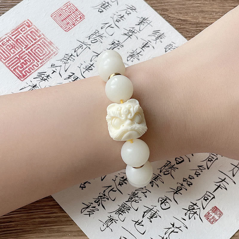 KarmaRipple's Silver Sheen Obsidian Bodhi Seed Ivory Fruit Dancing Lion Protection Bracelet p14