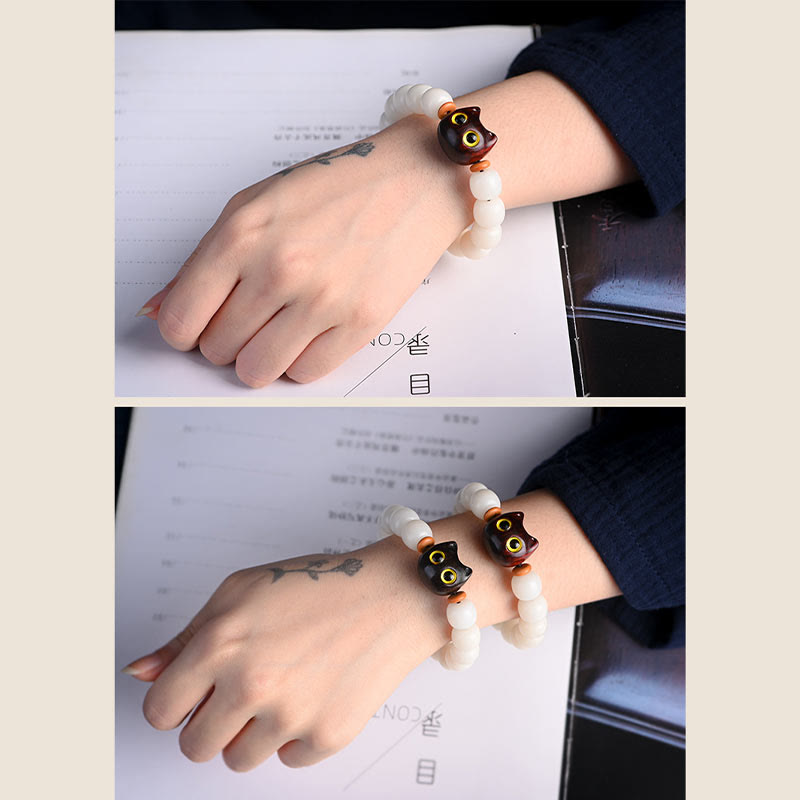 KarmaRipple's Authentic Bodhi Seed Small Leaf Red Sandalwood Ebony Wood Cute Fortunate Cat Wisdom Bracelet p16