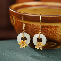 KarmaRipple's 925 Sterling Silver Hetian Jade Peace Buckle Orchid Prosperity Earrings