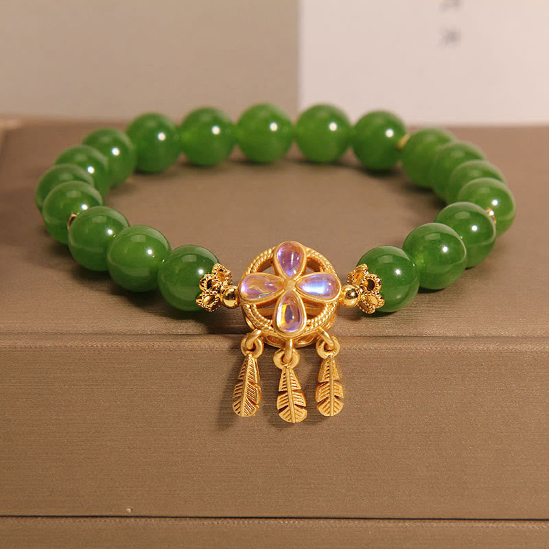 KarmaRipple's Green Jade Dreamcatcher Four Leaf Clover Fortune Bracelet p1