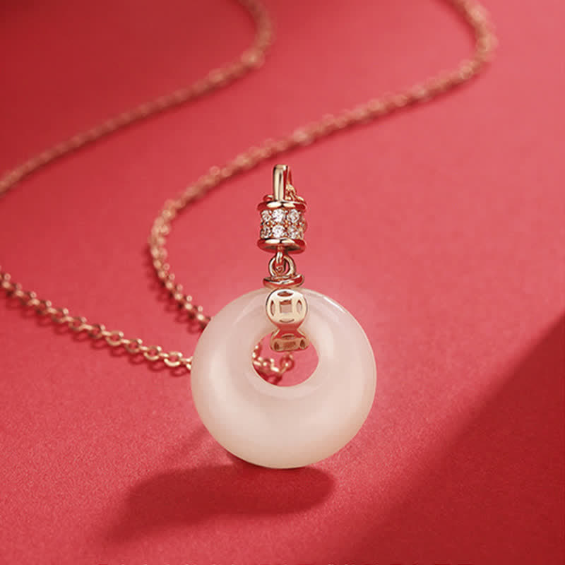 KarmaRipple's 925 Sterling Silver Hetian Ivory Jade Coin Flower Peace Buckle Fortune Pendant Necklace p10
