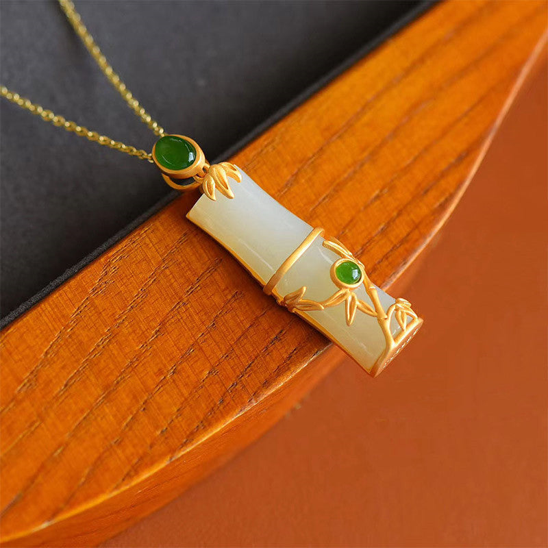 KarmaRipple's Ivory Jade Cyan Jade Bamboo Protection Pendant Necklace p6