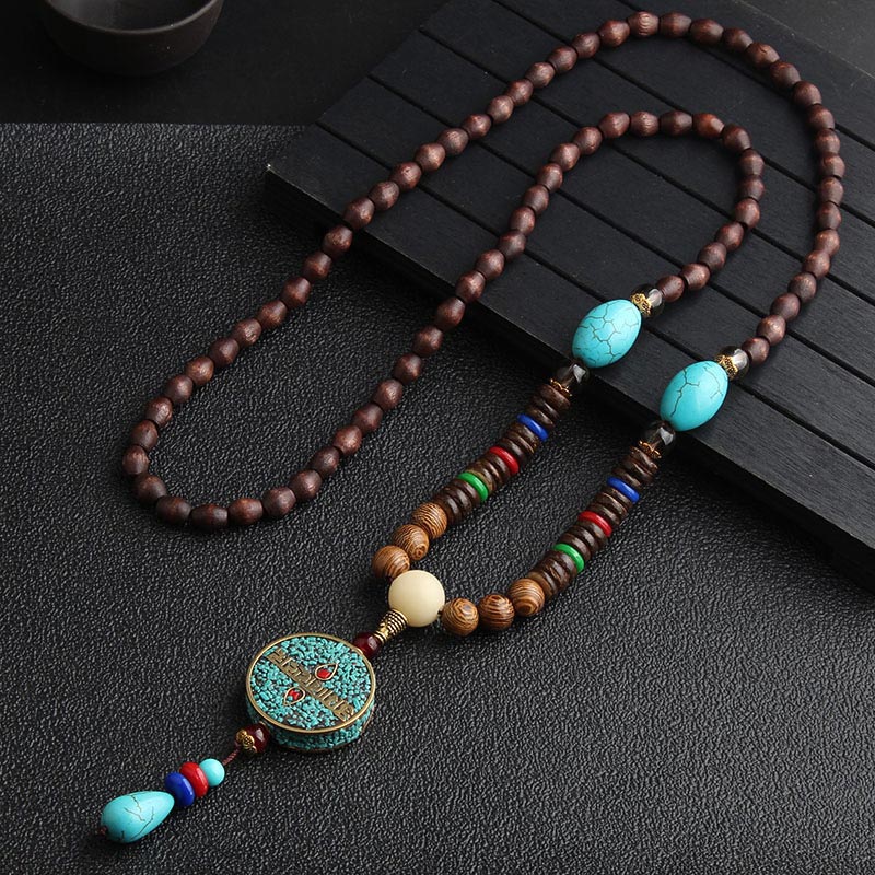 KarmaRipple's Turquoise Dzi Bead Prayer Wheel Wenge Wood Meditation Pendant p1