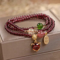 KarmaRipple's Authentic Garnet Strawberry Quartz Gemstone Fox Koi Fish Peace Buckle Fortune Protection Triple Wrap Bracelet