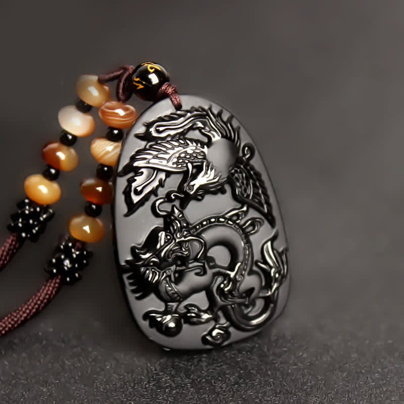 KarmaRipple's Black Obsidian Tiger Eye Dragon Phoenix Protection Beaded Pendant Necklace p7