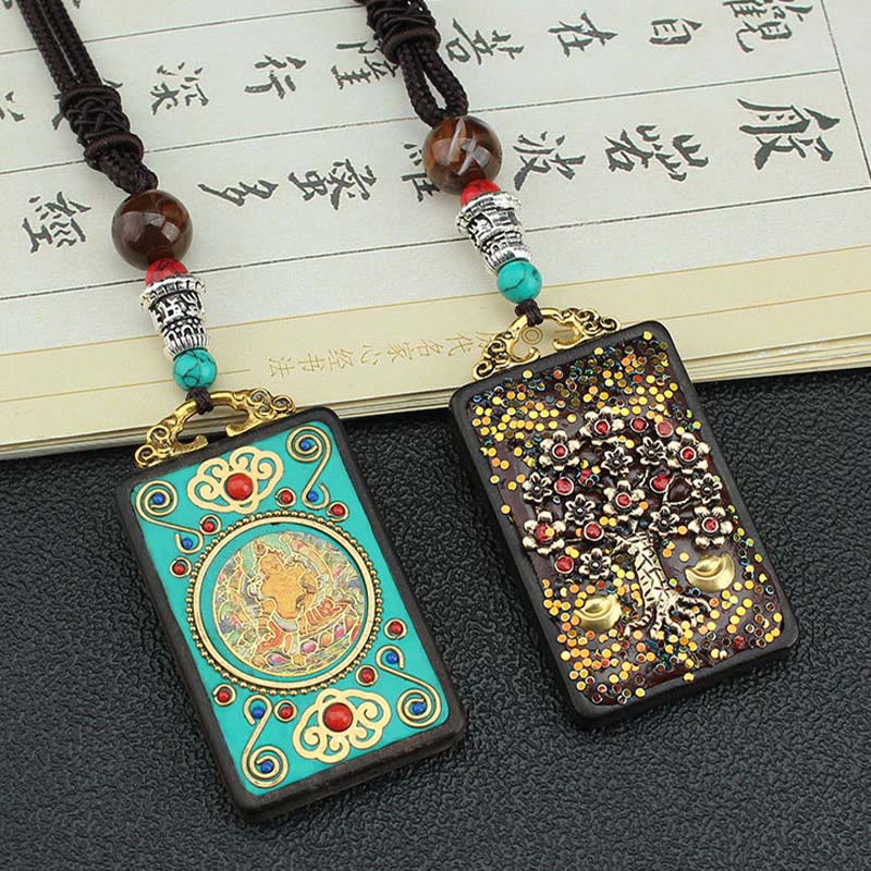 KarmaRipple's Tibet God Of Wealth Money Tree Golden Phoenix Thangka Ebony Peace Pendant Necklace p4