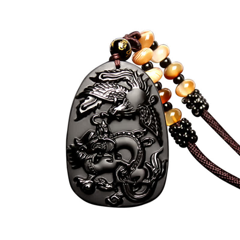KarmaRipple's Black Obsidian Tiger Eye Dragon Phoenix Protection Beaded Pendant Necklace p11