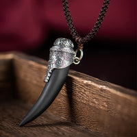 KarmaRipple's 925 Sterling Silver Black Obsidian Wolf Tooth Pattern Strength Pendant Necklace