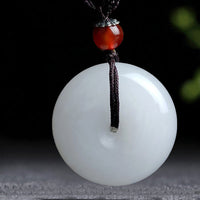 KarmaRipple's Round Hetian Ivory Jade Peace Buckle Blessing Pendant Necklace
