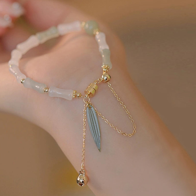 KarmaRipple's 14K Gold Plated Hetian Ivory Jade Bamboo Leaf Fortune Protection Bracelet p6