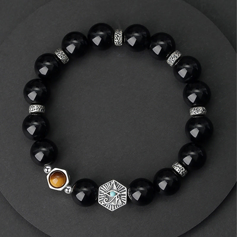KarmaRipple's 925 Sterling Silver Black Obsidian Tiger Eye Eye of Providence Purification Bracelet p11