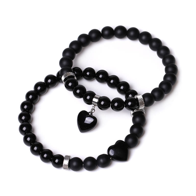 KarmaRipple's 2Pcs Black Onyx Gemstone Stone Love Heart Protection Support Pair Bracelet p22
