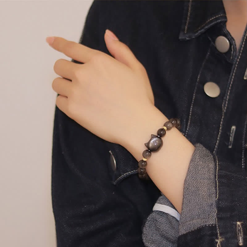 KarmaRipple's Gold Sheen Obsidian Silver Sheen Obsidian Lovely Paw Fortunate Cat Protection Bracelet p34