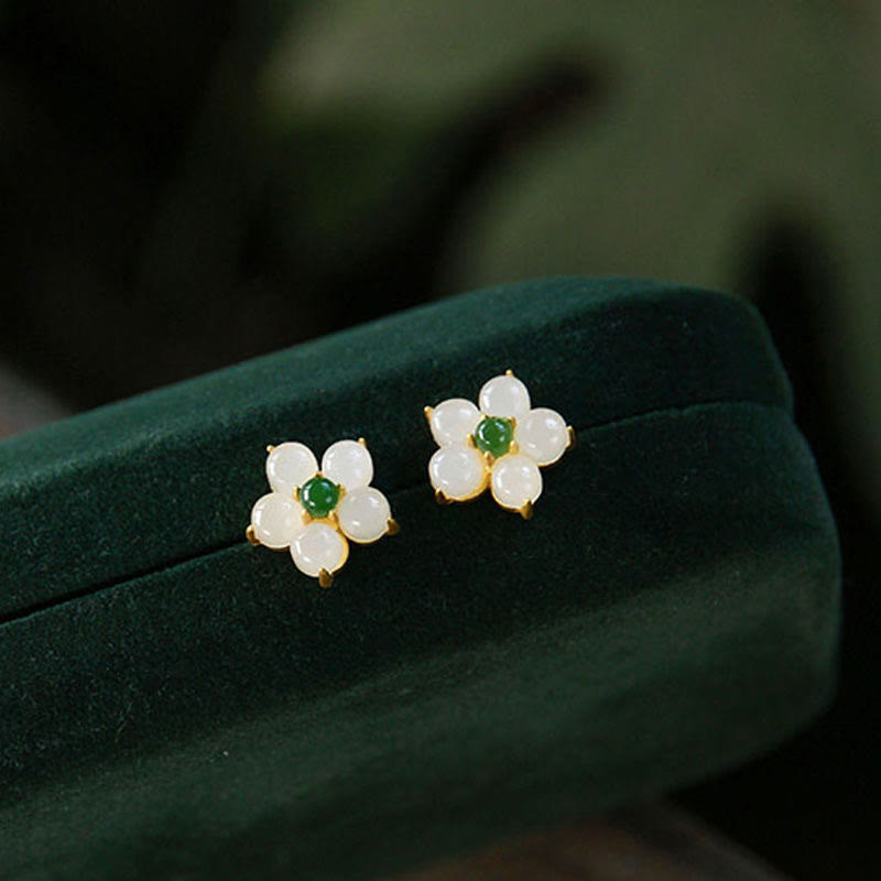 KarmaRipple's Ivory Jade Flower Fortune Blessing Stud Earrings p9