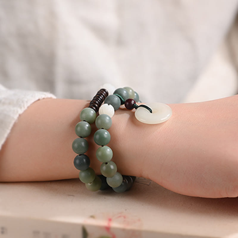 KarmaRipple's Cyan Bodhi Seed Lotus Jade Peace Buckle Wisdom Double Wrap Bracelet p6