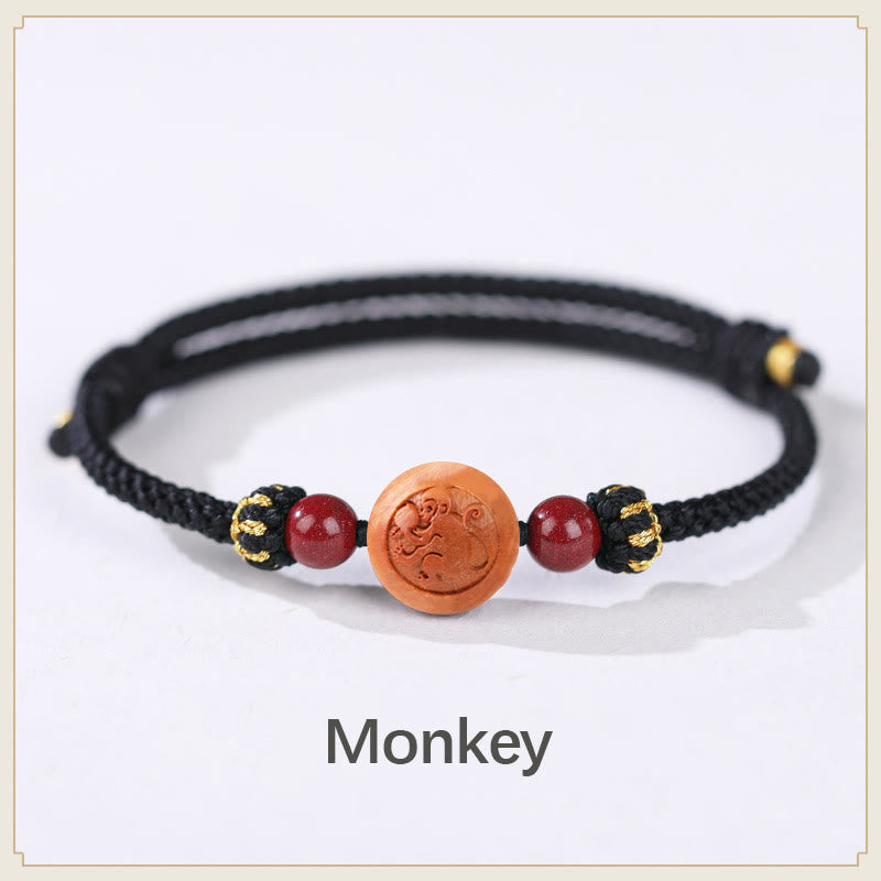KarmaRipple's Authentic Peach Wood Chinese Zodiac Fu Character Carved Cinnabar Wealth Bracelet p17