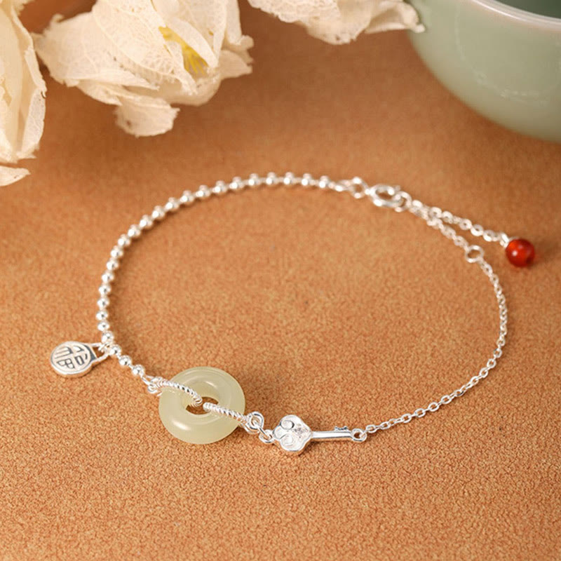 KarmaRipple's 925 Sterling Silver Hetian Jade Peace Buckle Fu Character Fortune Chain Bracelet p3
