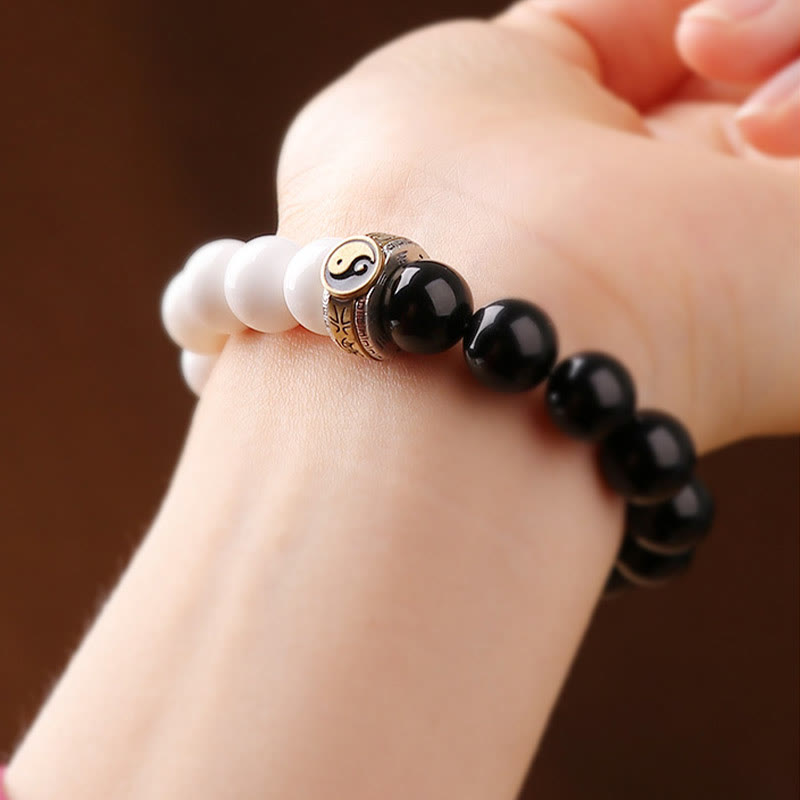 KarmaRipple's 925 Sterling Silver Black Obsidian Ivory Shell Yin Yang Strength Bracelet p8