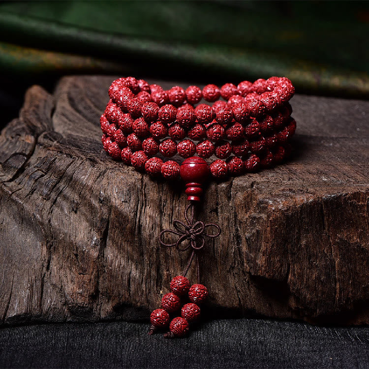 KarmaRipple's 108 Mala Beadwork Cinnabar Om Mani Padme Hum Pattern Engraved Blessing Bracelet p8