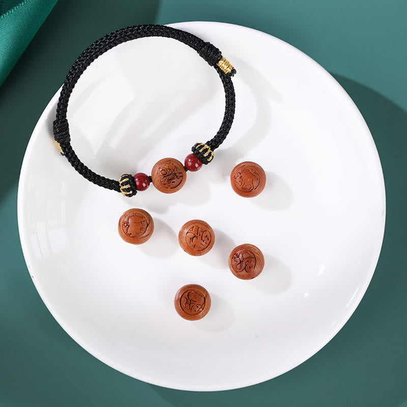 KarmaRipple's Authentic Peach Wood Chinese Zodiac Fu Character Carved Cinnabar Wealth Bracelet p20