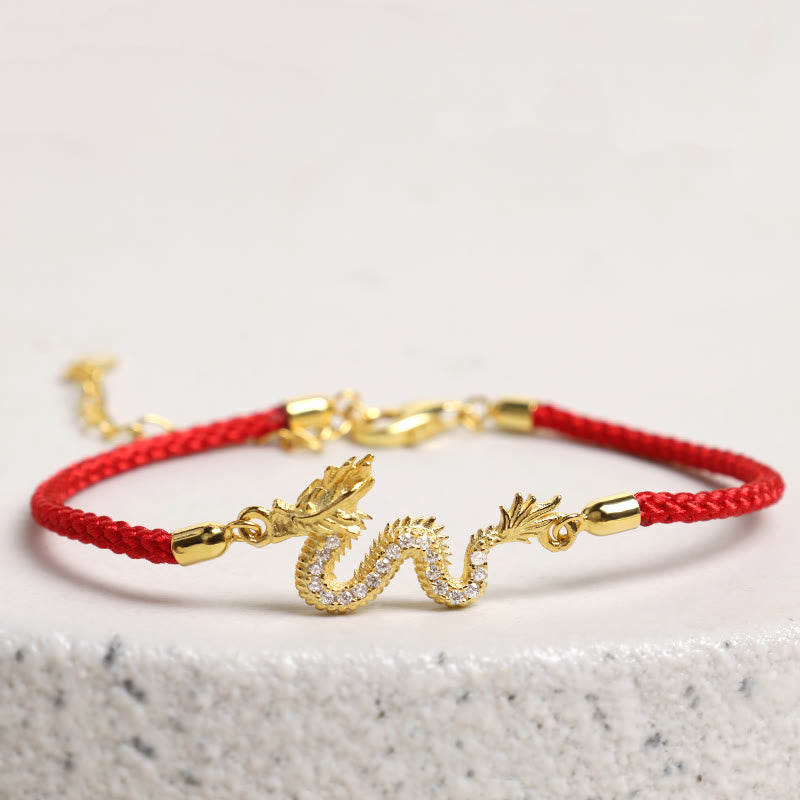 KarmaRipple's 925 Sterling Silver Year Of The Dragon Auspicious Golden Dragon Fortune Red Rope Chain Bracelet ( p3