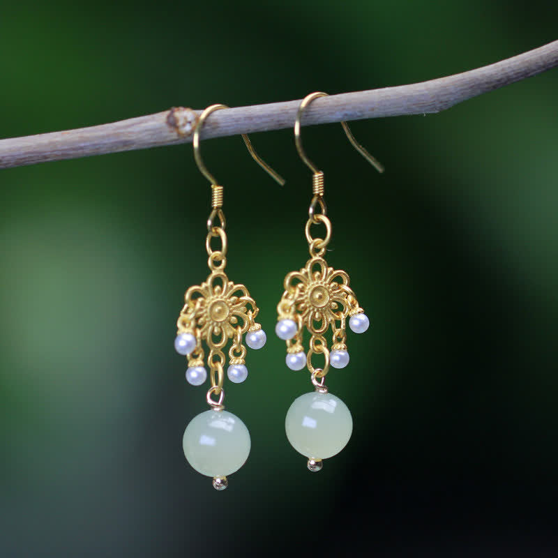 KarmaRipple's Hetian Jade Flower Pattern 14K Gold Plated Fortune Drop Dangle Earrings p1
