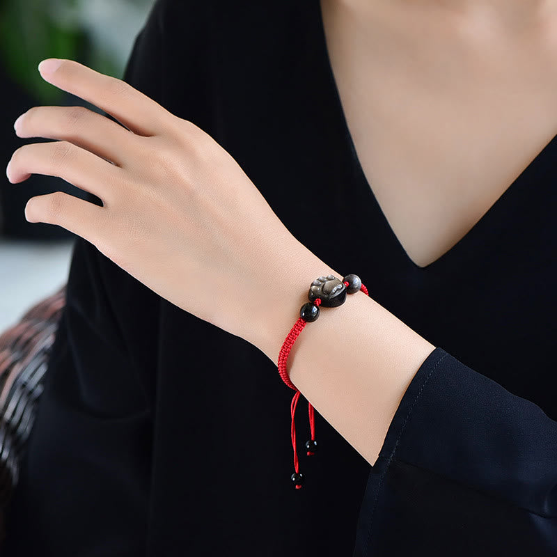 KarmaRipple's Authentic Silver Sheen Obsidian Gold Sheen Obsidian Cute Cat Paw Claw Protection Rope Bracelet p7