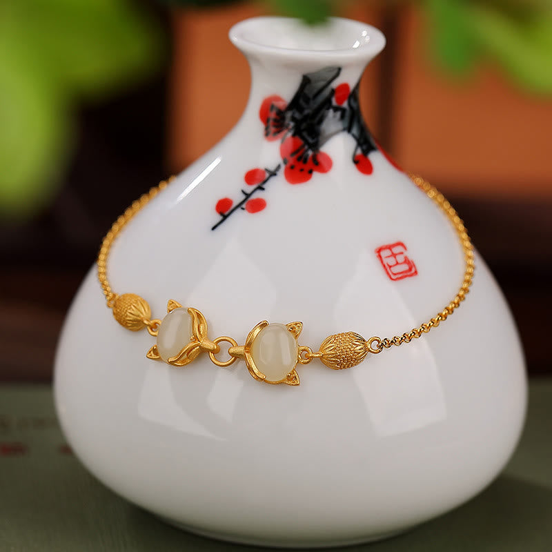 KarmaRipple's 925 Sterling Silver Authentic Hetian Ivory Jade Cyan Jade Lovely Fox Fortune Bracelet p7