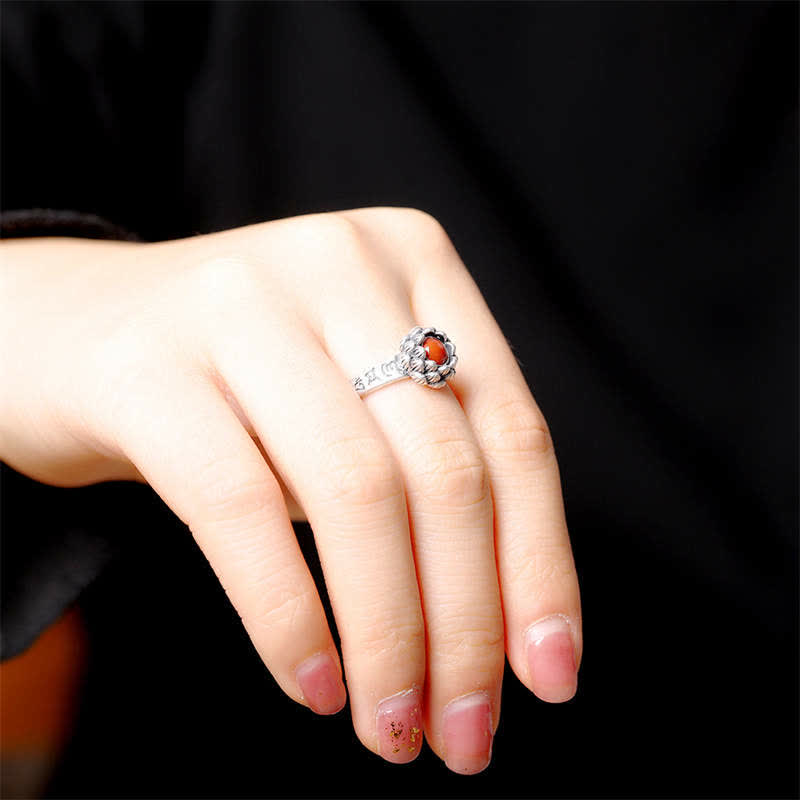 KarmaRipple's KarmaRipple's 25 Sterling Silver Lotus Red Agate Confidence Blessing Ring p5