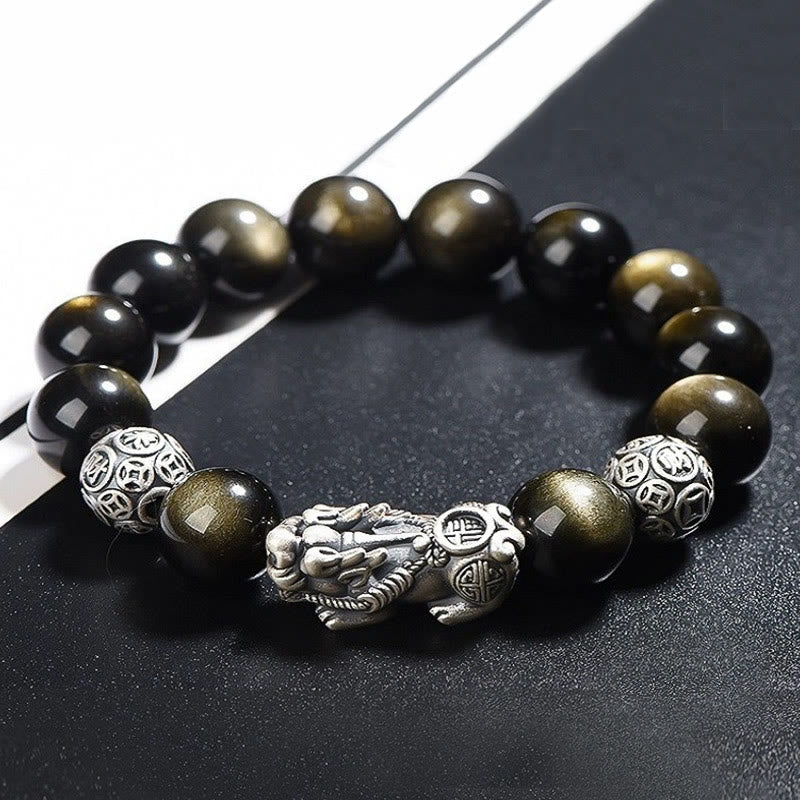 KarmaRipple's 925 Sterling Silver Authentic Gold Sheen Obsidian PiXiu Wealth Protection Bracelet p3