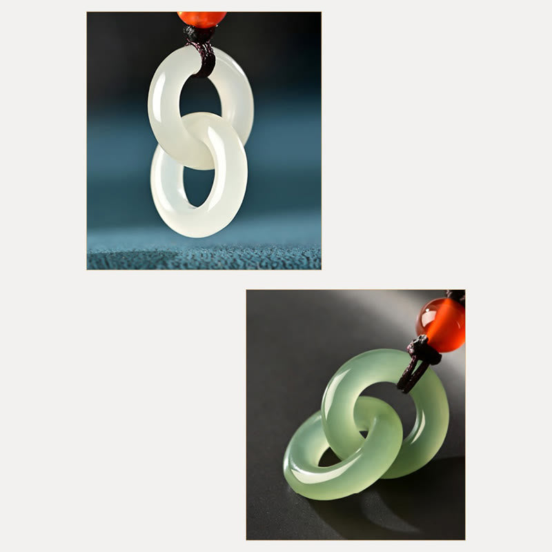 KarmaRipple's Authentic Hetian Cyan Jade Ivory Jade Double Peace Buckle Success Pendant Necklace p13