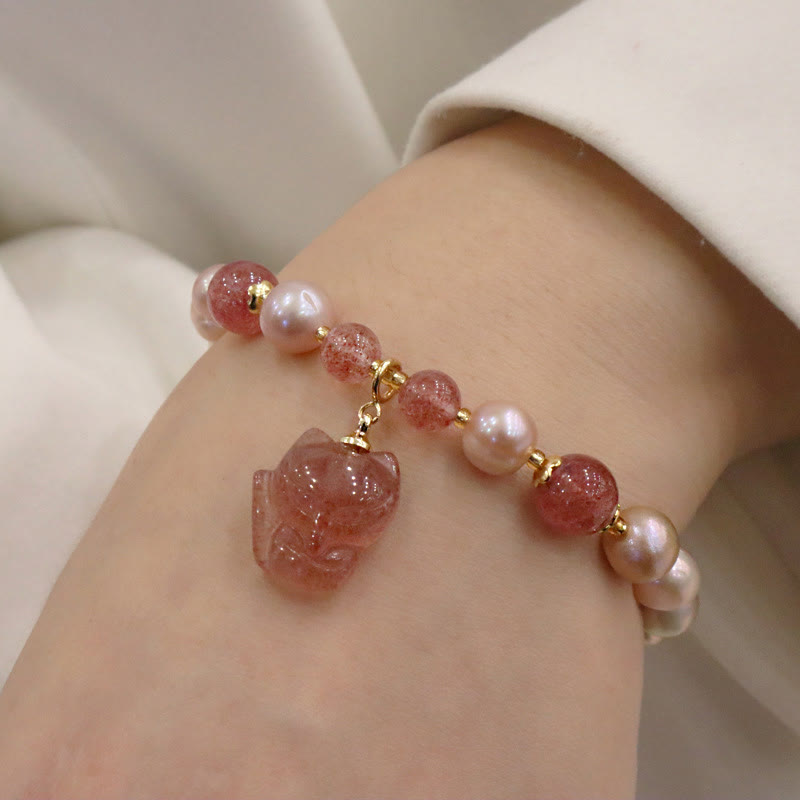 KarmaRipple's Authentic Pearl Strawberry Quartz Cute Fox Love Balancing Talisman Bracelet p10